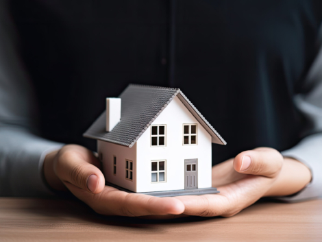 woman showing with one hand a mini house. Real state concept.